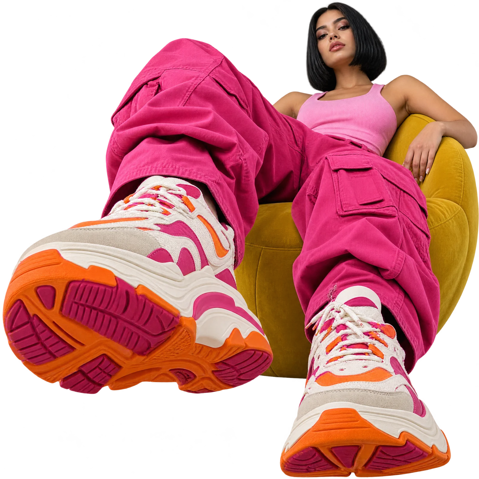 Model in pink cargos wearing Dad Fizz chunky sneakers