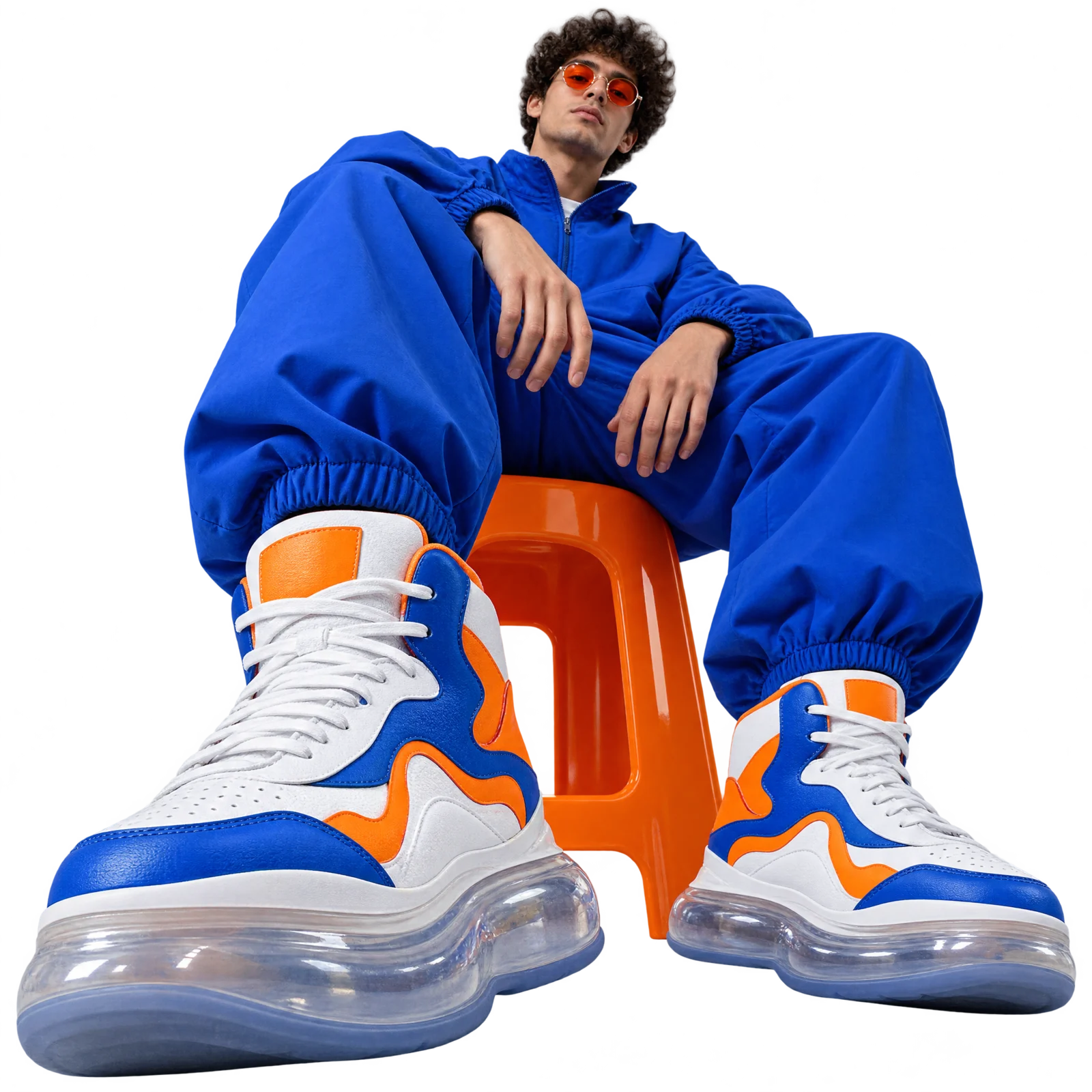 Model in a cobalt tracksuit wearing Hi-Volt Air high-tops